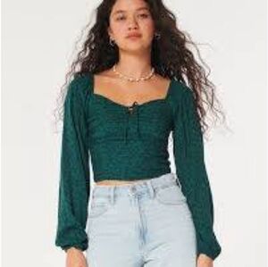 Hollister Green Floral Ruched Cropped Babydoll Top Women's Size Medium